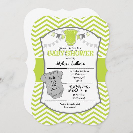 Lime Green Gray Chevron Baby shower Uitnodiging (Voorkant / Achterkant)