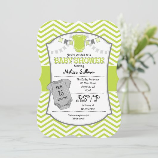 Lime Green Gray Chevron Baby shower Uitnodiging (Staand voorkant)