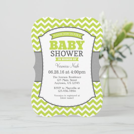 Lime Green Gray Chevron Baby shower Uitnodiging (Staand voorkant)
