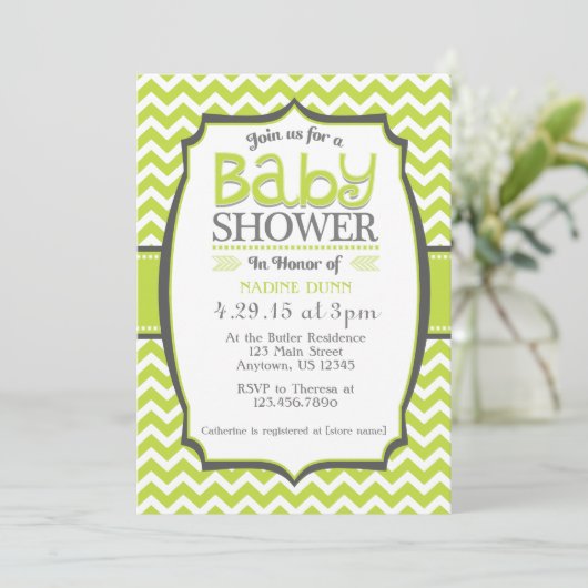 Lime Green Gray Chevron Baby shower Uitnodiging (Staand voorkant)