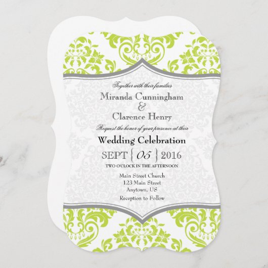 Lime Green Grey Damask Bracket Wedding Invite Kaart (Voorkant / Achterkant)