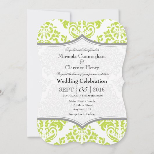 Lime Green Grey Damask Bracket Wedding Invite Kaart (Voorkant)