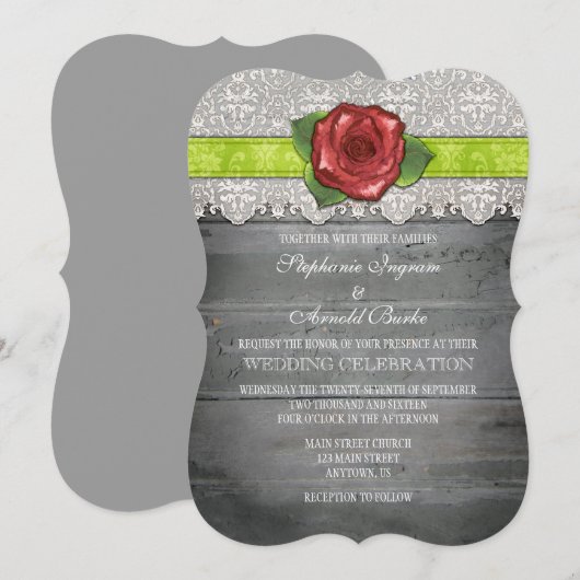 Lime Green Grey Rustic Wood Roos Wedding Invite Kaart (Voorkant / Achterkant)