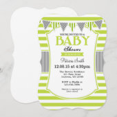 Lime Green Grey Stripes Baby shower Invitation Kaart (Voorkant / Achterkant)