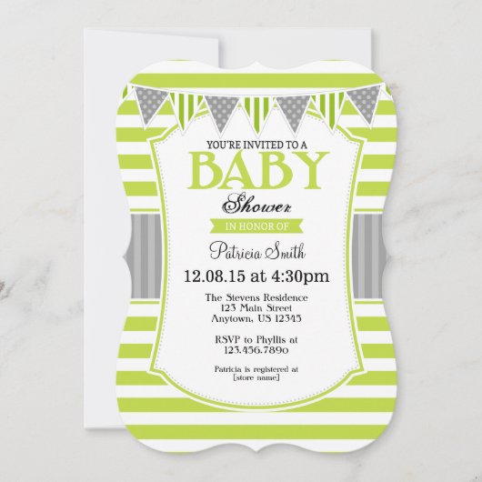 Lime Green Grey Stripes Baby shower Invitation Kaart (Voorkant)