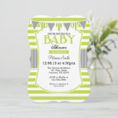 Lime Green Grey Stripes Baby shower Invitation Kaart (Staand voorkant)