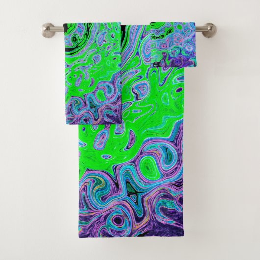 Lime Green Groovy Abstract Retro Liquid Swirl Bad Handdoek (Insitu)