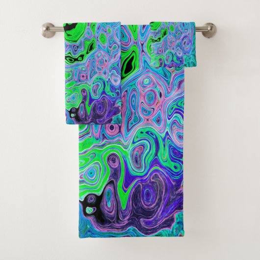 Lime Green Groovy Abstract Retro Liquid Swirl Bad Handdoek (Insitu)