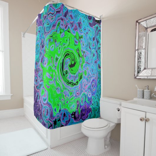 Lime Green Groovy Abstract Retro Liquid Swirl Douchegordijn (In situ)
