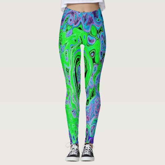 Lime Green Groovy Abstract Retro Liquid Swirl Leggings (Voorkant)