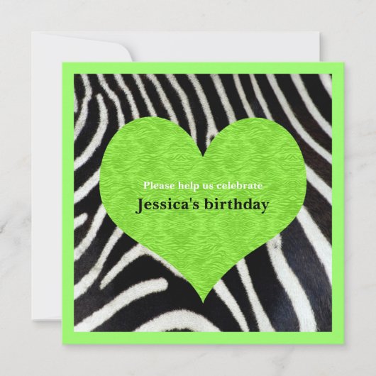 Lime Green Heart met uitnodiging van Zebra Print P (Voorkant)