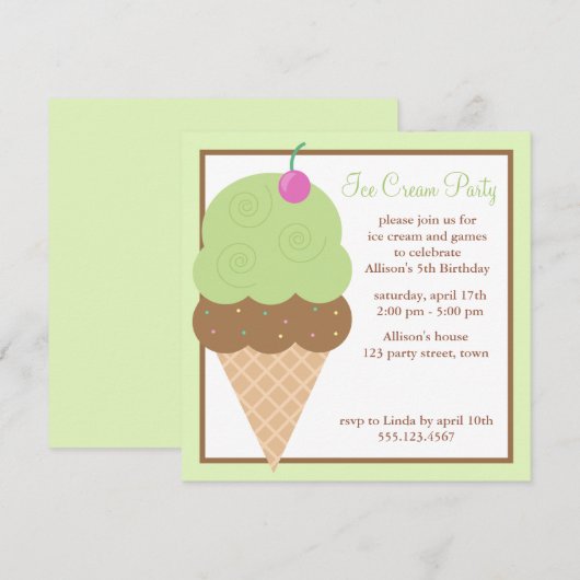 Lime Green Ice Cream Cone Birthday Party Kaart (Voorkant / Achterkant)