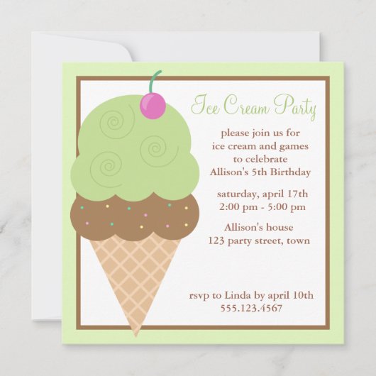 Lime Green Ice Cream Cone Birthday Party Kaart (Voorkant)