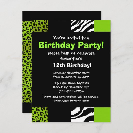 Lime Green Leopard en Zebra Animal Print Party Kaart (Voorkant / Achterkant)