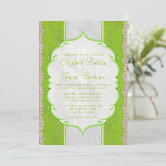 Lime Green  Linen Burlap Wedding Invitation Kaart (Staand voorkant)