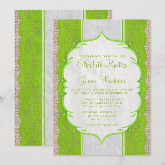 Lime Green  Linen Burlap Wedding Invitation Kaart (Voorkant / Achterkant)