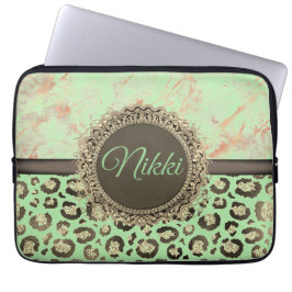 Lime Green Marble Glittery Leopard Laptop Sleeve