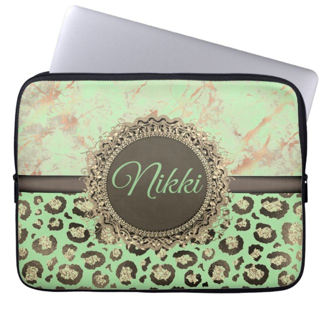 Lime Green Marble Glittery Leopard Laptop Sleeve (Voorkant)