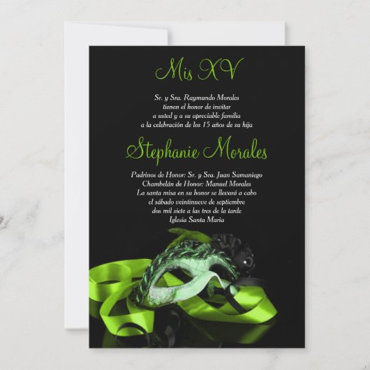 Lime Green Masquerade Quinceanera Uitnodiging (Voorkant)