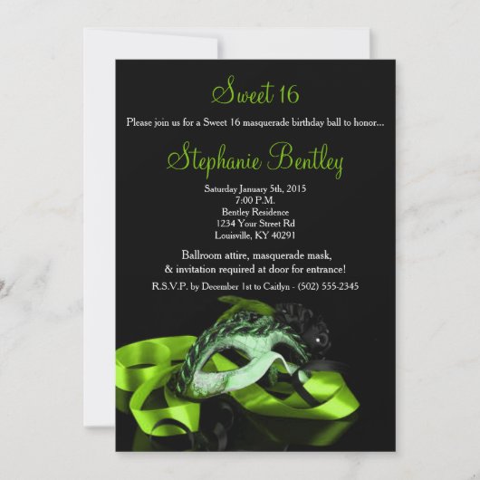 Lime Green Masquerade Sweet 16 Birthday Invitation Kaart (Voorkant)