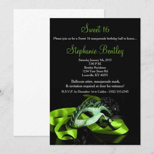 Lime Green Masquerade Sweet 16 Birthday Invitation Kaart (Voorkant / Achterkant)