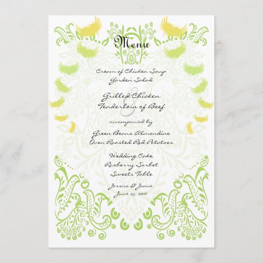 Lime Green Mehndi Bird Wedding Menu (Achterkant)