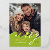 Lime Green Merry Christmas Script Foto Folie Feestdagenkaart (Voorkant)