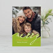 Lime Green Merry Christmas Script Foto Folie Feestdagenkaart (Staand Voorkant)