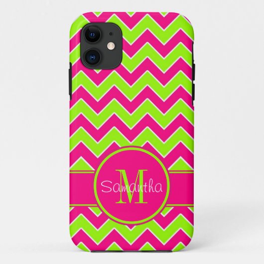 Lime Green met roze Chevron Pattern Custom Monogra Case-Mate iPhone Case (Achterkant)