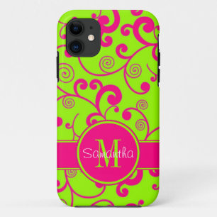 Lime Green met roze Scroll Design Custom Monogram iPhone 11 Hoesje