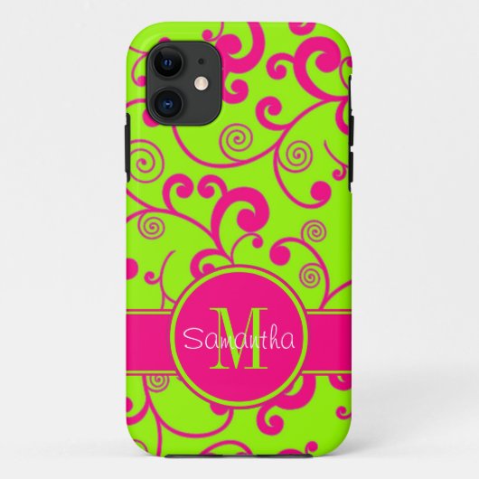 Lime Green met roze Scroll Design Custom Monogram Case-Mate iPhone Case (Achterkant)