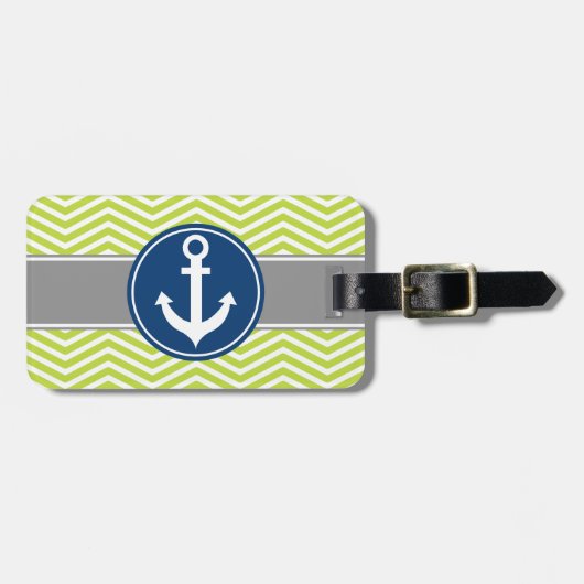 Lime Green Nautical Anchor Chevron Bagagelabel (Voorkant horizontaal)