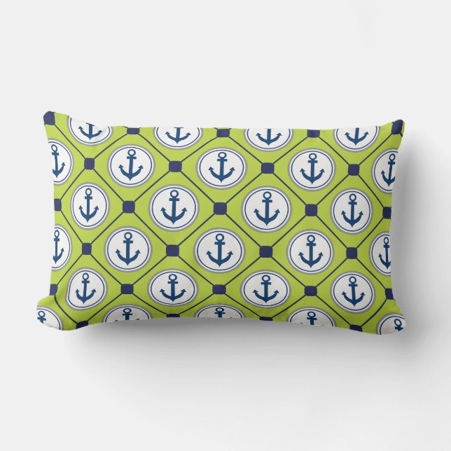 Lime Green Nautical Anchor Pattern Kussen (Voorkant)