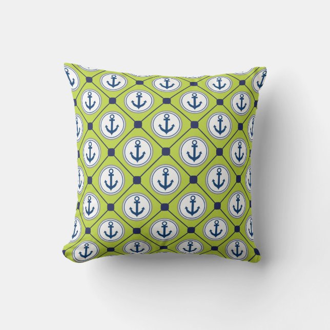 Lime Green Nautical Anchor Pattern Kussen (Voorkant)