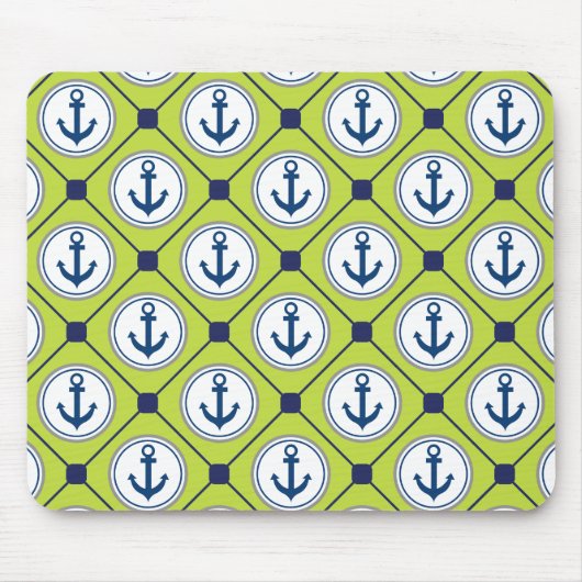 Lime Green Nautical Anchor Pattern Muismat (Voorkant)
