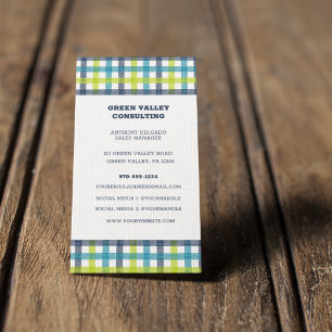Lime Green, Navy and Turquoise Blue Plaid Visitekaartje
