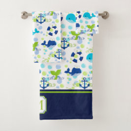Lime Green Navy Blue Nautical Pattern Monogram Bad Handdoek