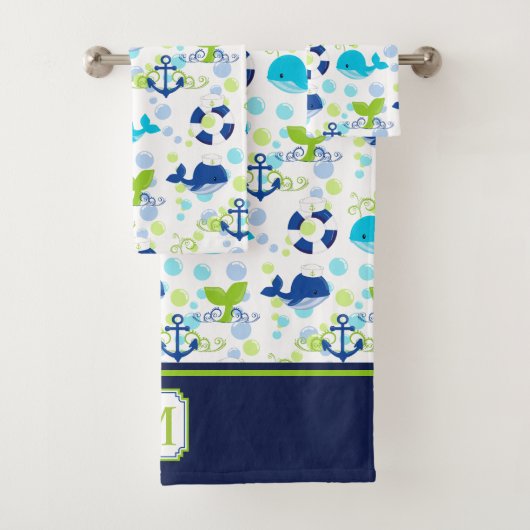 Lime Green Navy Blue Nautical Pattern Monogram Bad Handdoek (Insitu)