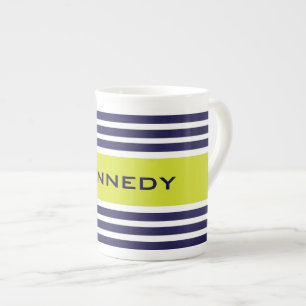 Lime Green & Navy Blue Stripes Custom Monogram Porselein Kop