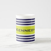 Lime Green & Navy Blue Stripes Custom Monogram Porselein Kop (Voorkant)
