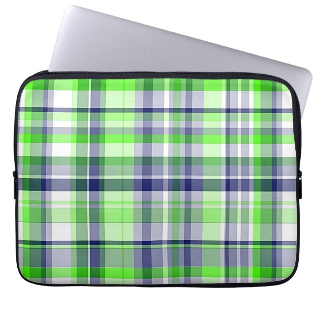 Lime Green, Navy Blue, White Preppy Madras Pset Laptop Sleeve (Voorkant)