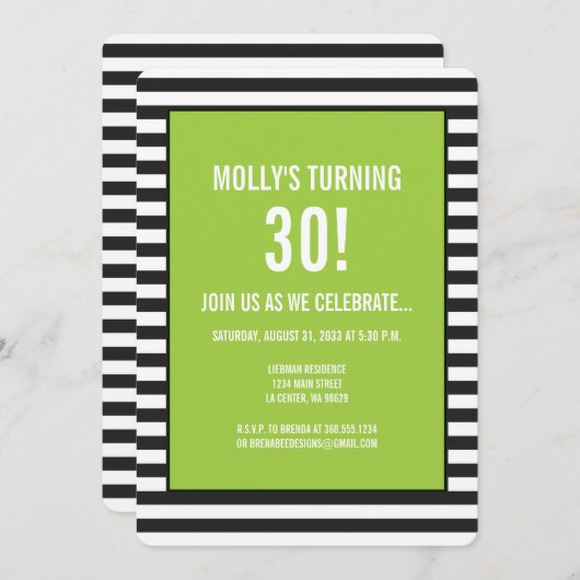 Lime Green op Black and White Stripe Party Kaart (Voorkant / Achterkant)