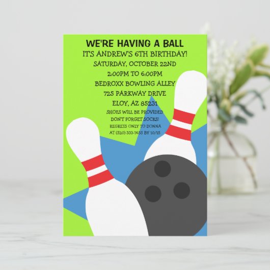 Lime Green over de uitnodiging van de Ball Bowling (Staand voorkant)