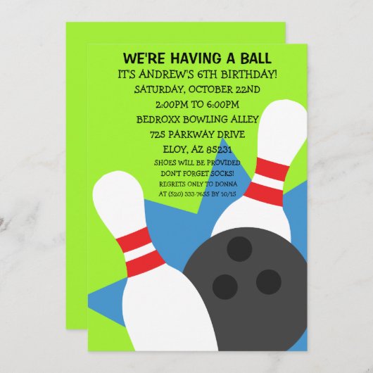Lime Green over de uitnodiging van de Ball Bowling (Voorkant / Achterkant)