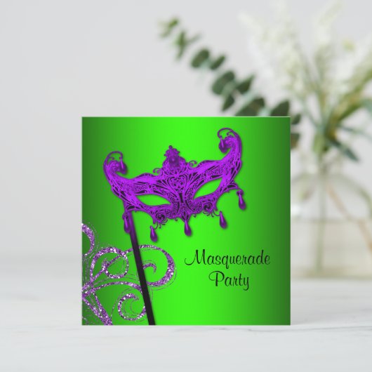 Lime Green Paarse Masquerade Party Uitnodigingen (Staand voorkant)