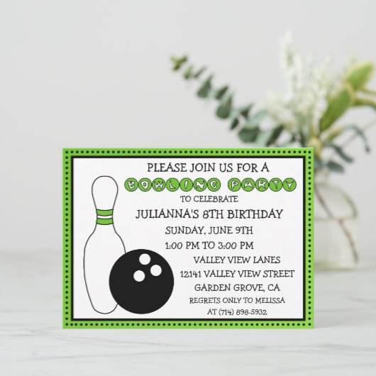Lime Green Party Down the Lane Bowling Party Kaart (Staand voorkant)