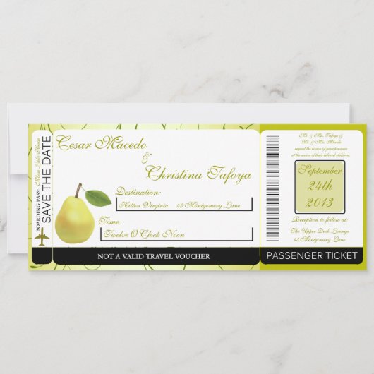 Lime Green Pear Boarding Pass Uitnodiging voor bru (Voorkant)