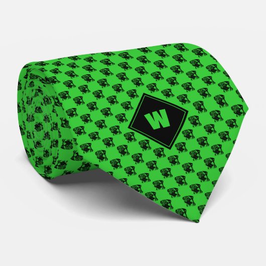 Lime Green Pug Pattern Stropdas (Opgerold)