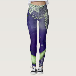 Lime Green Quarter Moon & Lace op Paars Leggings