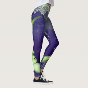Lime Green Quarter Moon & Lace op Paars Leggings